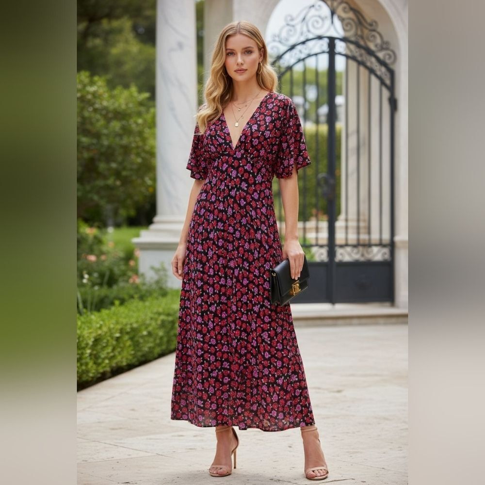 Zara Burgundy Floral Maxi Dress with Pink & Purple Motif